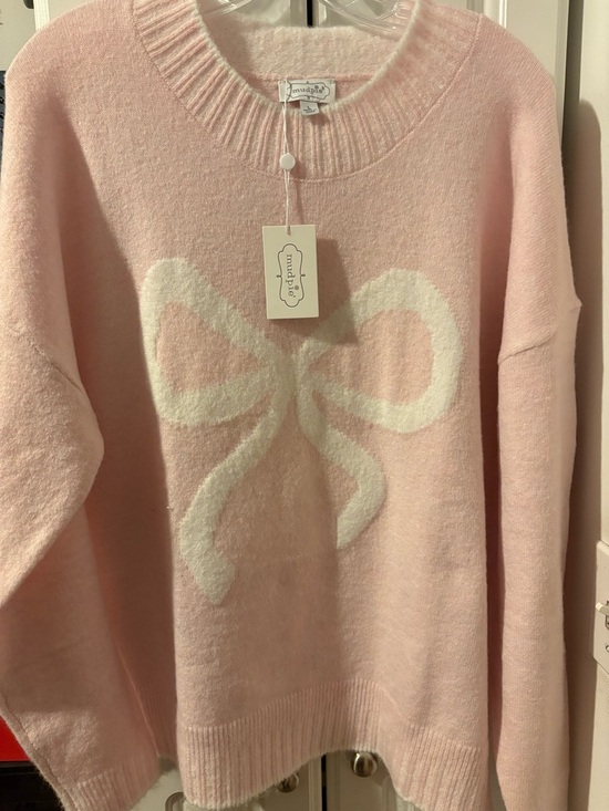 Mud Pie Sweaters - Mud Pie Soft Pink Crewneck Sweater with Cream Bow Motif